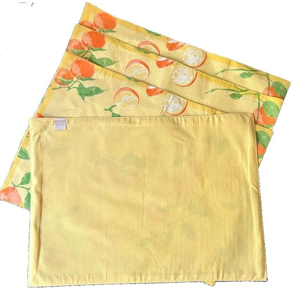 Oranges Placemats Xochi Made in India Vintage Set of 4 Orange Yellow Green Stems